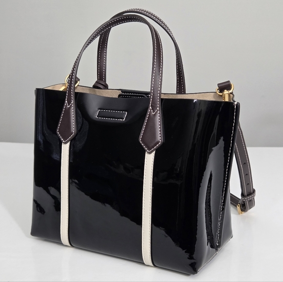 EXCELLENT TORY BURCH PERRY PATENT SMALL TRIPLE COMPARTMENT TOTE BAG - BLACK - Picture 9 of 11